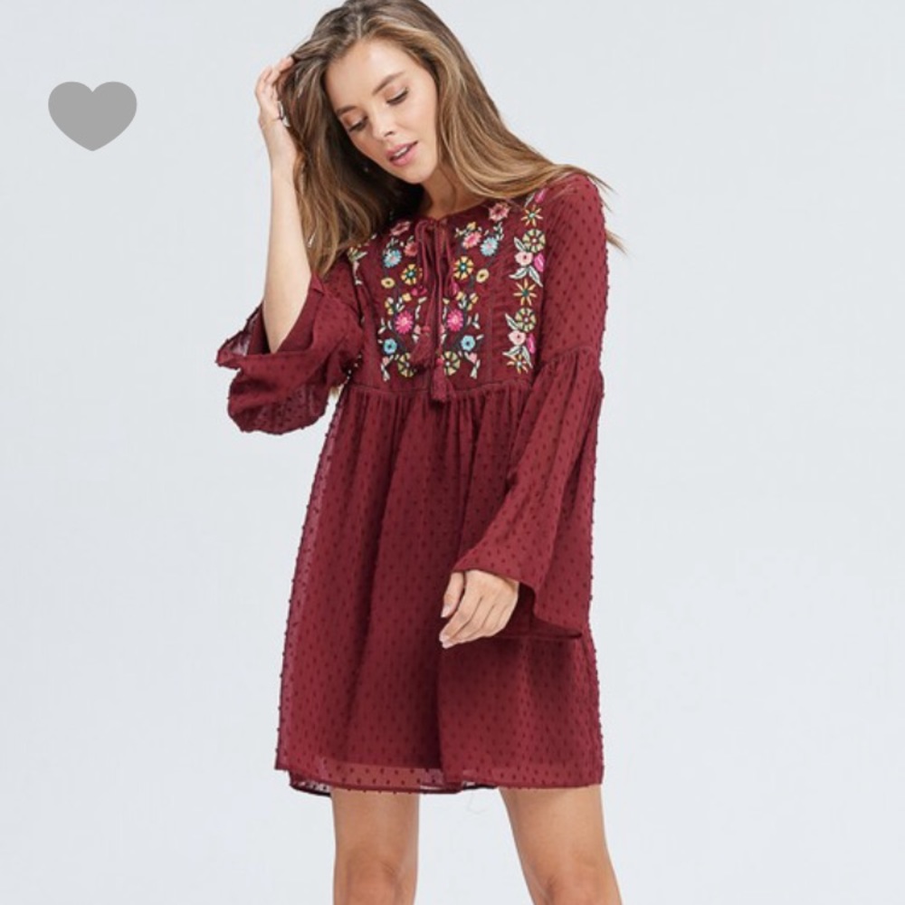 Swiss Dot Burgundy Floral Dress with Bell Sleeves